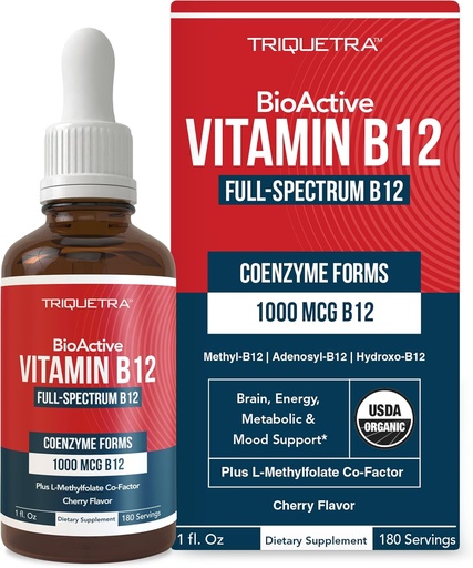 [BRSROGQ6BADWK2Y7] BioActive Vitamin B12 1000 mikrog  Contains Inneholder 3 BioActive Forms B12 Plus Metylfolat Kofaktor - Metyl B12, Adenosyl B12 & Hydroxy B12 | Sublingual Form, Cherry Flavor, Organisk, Vegansk (180 Serveringer)