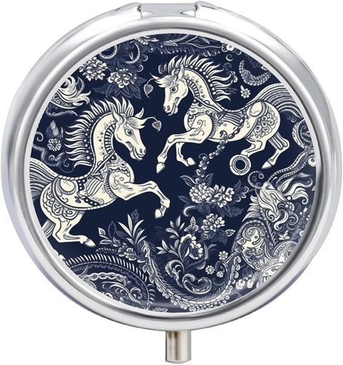 [BRSRAGIHAQGRUCLG] Round Pill Box Chinese Horse Pattern Printed 3 Compartment Small Pill Case Portable Travel Pill Container to Hold Supplements Vitamins Fish Oil Medication