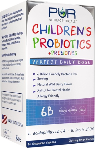 [BRSWKEA5BIMGC3DG] Probióticos para niños + Prebióticos * 6 Billones CFUs/Serving * 60 Tablas Chewable * 2 Mes Fuente * con Prebióticos Sunfiber® &amp; FOS para 10X Más Eficacia * 100% Todo Natural * Hecho en EE.UU.