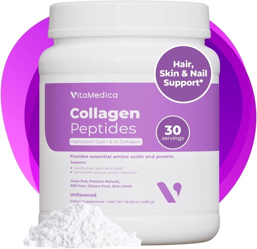 [BRSWYFL2AQDWO2Y3] VitaMedica Collagen Peptides Powder for Women & Men - Zdravé vlasy, kůže, nehty, kosti a klouby - Hydrolyzované typy I & III, Grass- Fed, Pasture- Raised Protein, Nulový cukr - 30 Služeb