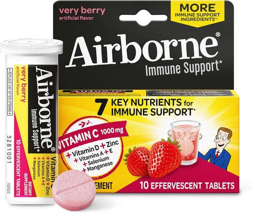 [BRSWIYABOMBA2C3M] Vitamin C 1000mg (per Serving) - Airborne Very Berry Effervescent Tablets (10 Count in a Box), Gluten-Free Immune Support Supplement, with Vitamins A C E, ZINC, Selenium, Echinacea & Ginger