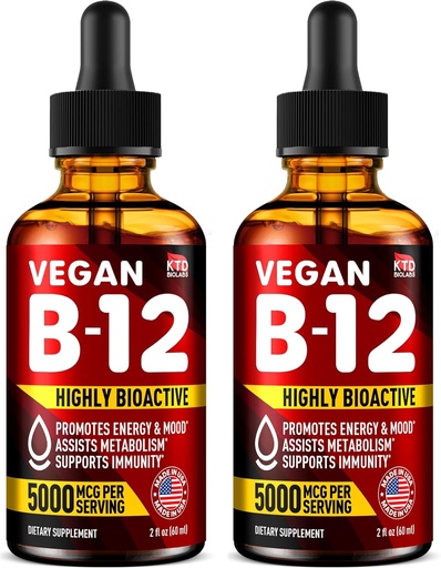 [BRSROGTYAF5QMCDO] Pakkaus 2 - B12 Sublingual 5000 mikrog Drops - Made in USA - Vegaani B12 Vitamiineja energian, Mieliala & muisti - Erittäin biosaatavissa Sublingual Drops - Methylcobalamiini naisille & miehille - 2 fl. oz.