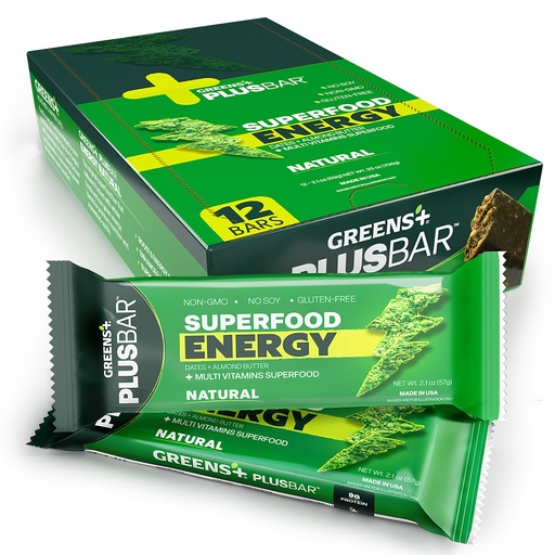 [BRSWIYT5AZYWCHDM] Greens+ Plusbar Energy, Natural, Gluten-Free Snack with Super Greens, Superfoods & Almond Butter, Vegan, Dairy-Free, Non-GMO, 10g Protein Meal Replacement, 12 Pack