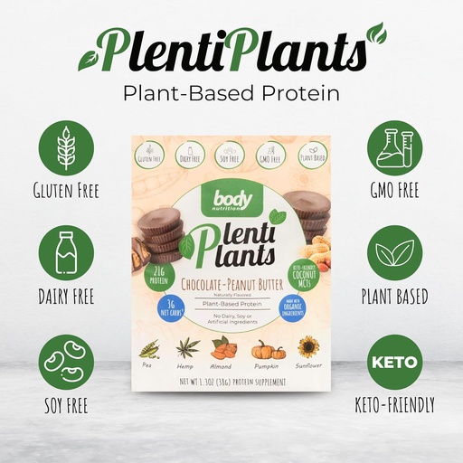 [BRSWYZD2OUCW2F3Z] Body Nutrition PlentiPlants Plant Based Protein Powder, Dairy-Free Protein Without Soy or Artificial Ingredients, Naturally Flavored Organic Plant Protein Shake, Chocolate Peanut Butter, 38 g