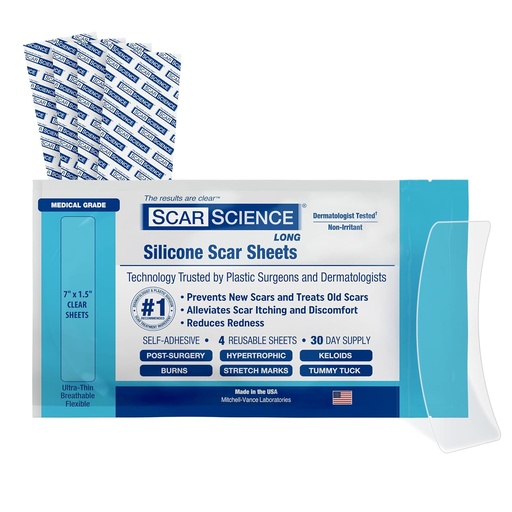 [BRSROCYPAUBQ43A6] Medical Grade Silicone Scar Sheets - 7" Reusable Water-Resistant Silicone Tape for Scars - Clear Breathable Tape for C-Section, Tummy Tuck, Surgical Scars, and Keloids - 4-Pack