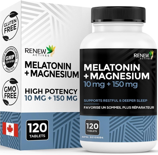[BRSW2ZYLB4IAO3Y7] RENEW ACTIVES Melatonin 10MG with Magnesium 150MG Sleep Aid per Serving – Supports Sleep Onset, Jet Lag Relief, Tissue Formation & Electrolyte Balance for Restful Sleep – Made in Canada – 120 Capsules