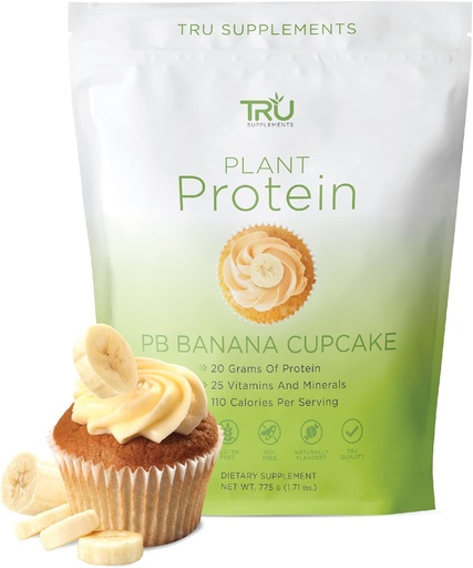 [BRSWYZTRBYIBU3Q2] TRU Plant Based Protein Powder, BCAA, EAA, 20g Vegan Brown Rice & Pea Protein, 100 kalórií, 27 vitamínov, žiadne umelé príchute 25 porcií (Peanut Butter Banana Cupcake)