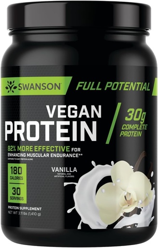 [BRSROCDYOEGWKHYV] Swanson Full Potential Vegan Protein - 바닐라 맛, 근육 건물 및 회복을위한 전체 채식 단백질 분말 - 30 g