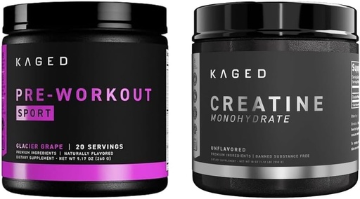 [BRSROHQBAEAW2CTO] Kaged Pre Sport Pre Workout Powder Glacier Grape Creatine Monohydrate Micronized Powder Bundle, Energy & Muscle Recovery Supplement Pack, 20 Servings Pre-Workout + 100 Servings Creatin
