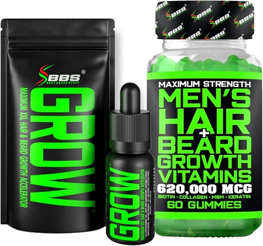 [BRSRAYL7OIBRYF3G] Beard Growth Kit w/Grow XXL Beard Oil/Serum for Facial Hair Growth for Men + Maximum Strength 620,000mcg 14-in-1 BIOTIN Facial Hair Growth Vitamins for Men - Formulated in America