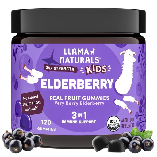 [BRSROHAPCMGRY3QV] Llama Naturals Elderberry Gummies for Kids, Vegan, Organic Immune Support Supplement with Vitamin C and Zinc, Toddler Real Fruit Gummy Vitamins for Immunity, Chewable, No Added Sugar Cane, 120 Ct