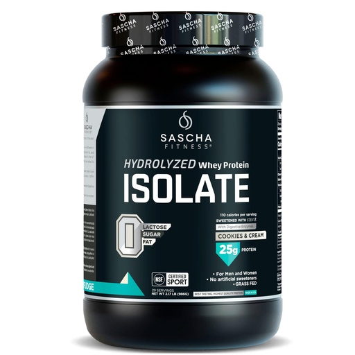 [BRSWKGIQOYFQK2TM] SASCHA FITNESS Hydrolyzed Whey Protein Isolate,100% Grass-Fed (2 Pounds, Cookies & Cream)