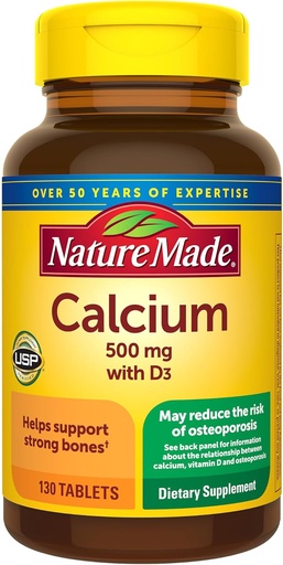 [BRSWIZQLPMBRGDD2] Nature Made Calcium 500 mg z witaminą D3, Suplement diety dla wsparcia kości, 130 tabletek