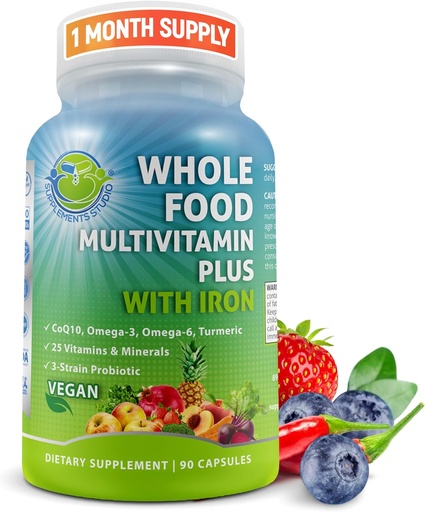 [BRSWECQ2PN6BG3IU] Vegan Whole Food Daily Multivitamin with Iron, Methylated Multivitamin for Women and Men, Made with Fruits & Vegetables, B-Complex, Probiotics, Enzymes, CoQ10, Omegas, Turmeric, Non-GMO, 90 Count