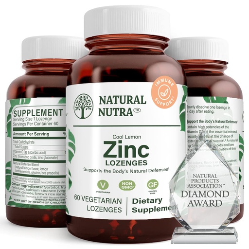 [BRSWIBQADJ7BO3T6] Natural Nutra Zinc Lozenges with Vitamin C, Lemon Flavor, Support Immune, Nervous System & Bone Strength, Fortified with Bioflavonoids and Bee Propolis, Sublingual Zinc Gluconate, 60 Vegetarian