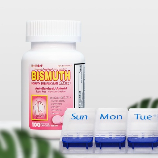 [BRSROBQNO4HRQ3IU] HealthA2Z® Mega Sparings Bundle: Bismuth Subsalicylate 262mg, 100 Chewable Tabletter & 7-dagers XL piller Organizer
