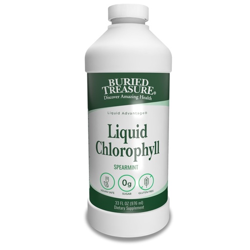 [BRSWGAYCAUFQ2DTG] Buried Treasure Liquid Chlorophyll 100 mg, Dietary Supplement, Intestinal Digestive Support Natural Body Deodorant Vegan Non-GMO Alcohol Free, Spearmint Flavor 32oz