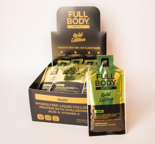 [BRSRMCQECJ5AGDI7] Liquid Collagen Protein w/Hyaluronic Acid & Vitamin C - Gold Edition (Apple), 16,000mg (16g) Hydrolyzed Collagen Peptides Supplement - 1oz Packets (Box of 24)
