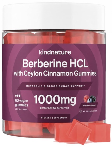 [BRSROED7DF7BYCT2] kindnature Berberine Gummies 1000mg with Ceylon Cinnamon & Resveratrol – 6-in-1 Blood Sugar Support Supplement – Metabolism & Weight Wellness – Sugar-Free, Vegan, Non-GMO