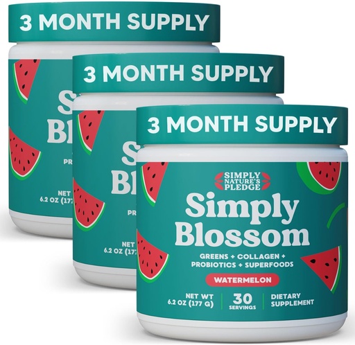 [BRSRAHYFCQIQAYLV] Simply Blossom Nutrition Daily Greens & Superfood Powder + Collagen + Probiotics for Women's Digestive Health & Bloating Relief. Help Your Health Bloom - 3 Month Supply - Watermelon
