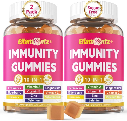 [BRSRAFIZDN5GCAL4] 10-In-1 Immun Gummies med multivitaminer, 100% daglig Zink, vitamin C & D3 Immunity Supplement + Echinacea, Sambucus Elderberry, gurkmeja, magnesium, immunstöd, övergripande hälsa, sockerfri, 2 Pack