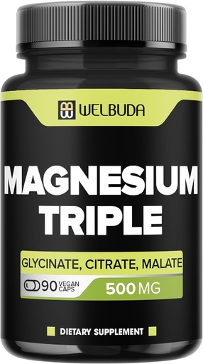 [BRSROFQOBF6ROA3L] 20% Purified Magnesium Triple Complex - 500mg Magnesium Glycinate, Malate & Citrate för muskler, bekvämt humör och energiproduktion - 90 kapslar - Tillhandahållande av 100mg Elemental Triple Magnesium