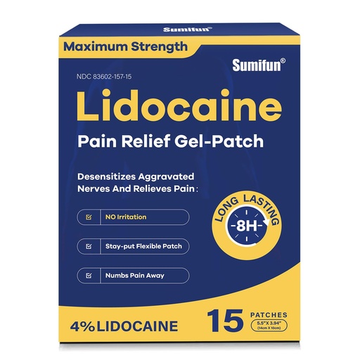 [BRSROAA5BUMB4ADD] Sumifun 4% Lidocaine Pain Relief Patches 15 Counts Maximum Strength Numbing Gel Patch for Back Knee Neck Joint Ache Muscle Soreness Topical Analgesic
