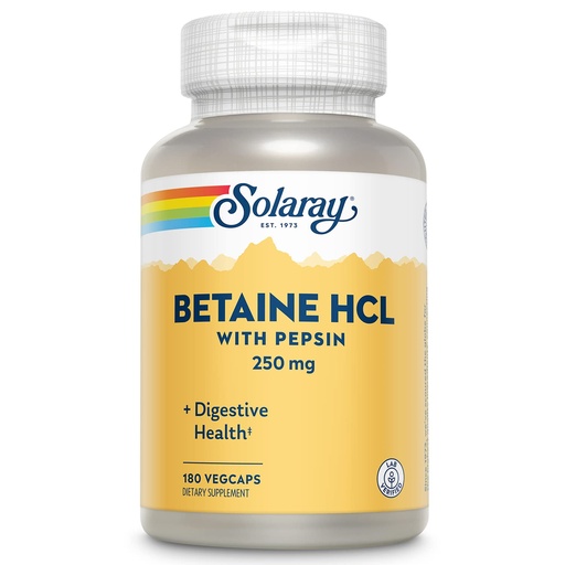 [BRSWIYQYCYDWK3LK] SOLARAY Betaine HCl with Pepsin 250 mg Supplement for Men & Women - Digestive Support, Betaine Hydrochloride Capsules, Gut Health Support Formula, Gluten Free - 180 Veg Cap Ct