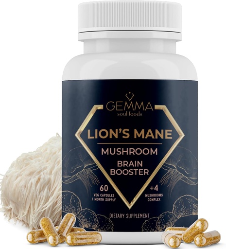 [BRSRAZABDEMWMEYZ] Gemma Soul Foods Organic Lion's Mane Mushroom Complex - Non-GMO Lions Mane Supplement Non Tropic Chaga Shiitake and Reishi Focus Supplement 60 Caps