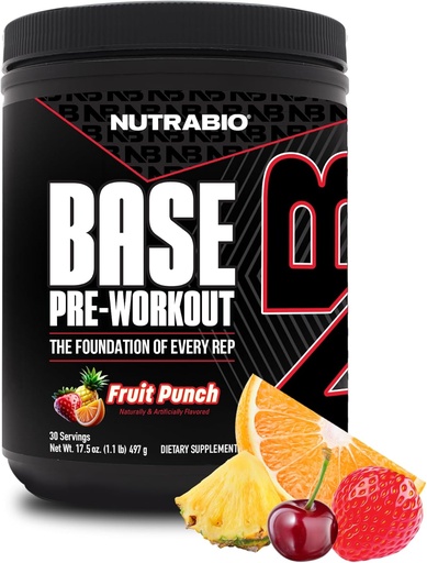 [BRSRAHA3CN5BMAYU] NutraBio Base pre-Workout Powder 200mg Caffien, Trvalá energia, Focus, Vytrvalosť, Čerpadlo, bez cukru, Čistá preworkout pre mužov a ženy - Beta Alanine, L-Tyrosine, 30 Slúži - Ovocie Punch