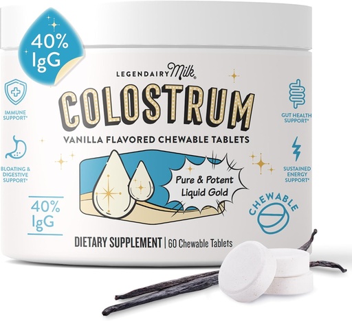 [BRSROBINAEOWYE37] Legendairy Milk Colostrum Supplement - Premium Bovine Colostrum for Humans - 40% IgG Immunoglobulin for Immune Support & Gut Health - Energy & Muscle Recovery - Vanilla Chewable Tablets, 30 Servings