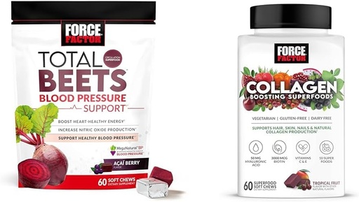 [BRSRAYYYBAHBQG3Z] Force Factor Total Beets Blood Pressure Support 60 Chews and Collagen Boosting Superfoods 60 Soft Chews for Heart Health, Skin, Hair, and Nails