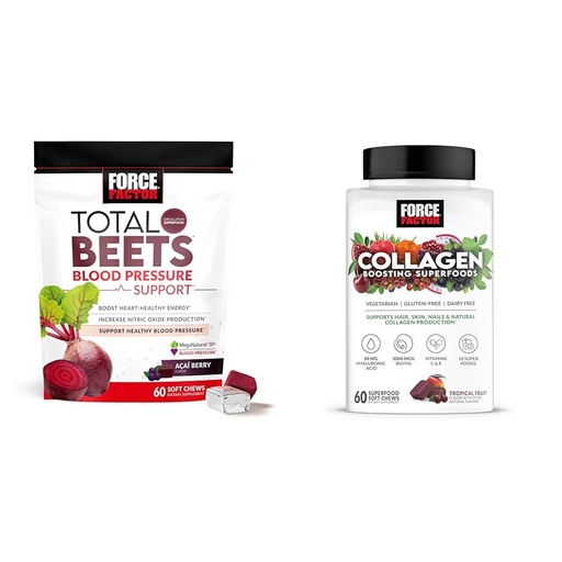 [BRSRAYYYBAHBQG3Z] Force Factor Total Beets Blood Pressure Support 60 Chews and Collagen Boosting Superfoods 60 Soft Chews for Heart Health, Skin, Hair, and Nails