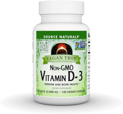 [BRSRMBIDDNYA2HTG] Source Naturals Vegan True, Non-GMO Vitamin D-3, Dietary Supplement for Immune and Bone Health*, 2,000 IU - 90 Capsules