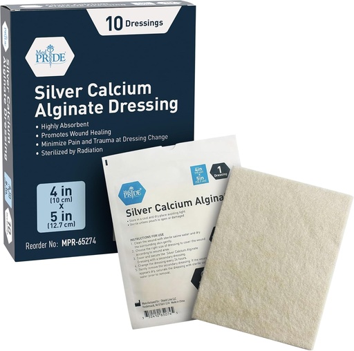 [BRSWGHD6BFYWKG3P] MED PRIDE Silver Calcium Alginate Wound Dressing, 10-Pack | Highly Absorbent, Nonstick, Seaweed, Easy Removal (4'' x 5'' Silver)