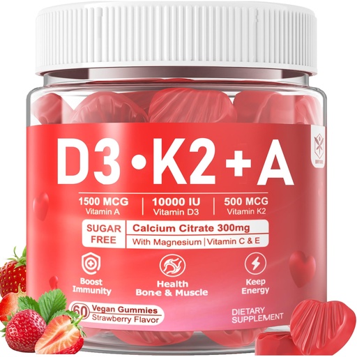 [BRSROFQBOF6B6CT2] Vitamin D3 + K2 + A Gummies 5000IU/10000 IU - Vitamin D3 Con K2 Supplement with Calcium Magnesium Zinc, Vitamin C & E, High Dose Ultimate Absorbency for Bones, Muscles, Teeth, Vision, Vegan 2 Packs