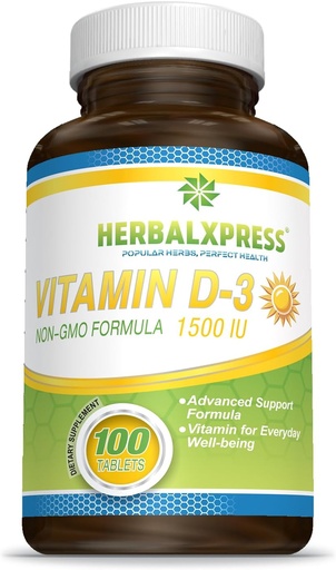 [BRSROFD3C4FR63TX] Herbalxpress Vitamin D (as cholecalciferol) 1,500 IU (100 Tablets) is The Perfect Addition to a Healthy Lifestyle, Bones, Teeth, Muscles, Immune Function, and Well-Being, Non-GMO and Gluten-Free.