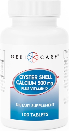 [BRSRMCALPIDRGHIY] GeriCare Oyster Shell Calcium 500mg + Vitamin D, Bone Health, Nutritional Supplement Tablets, 100 Count (Pack of 1)