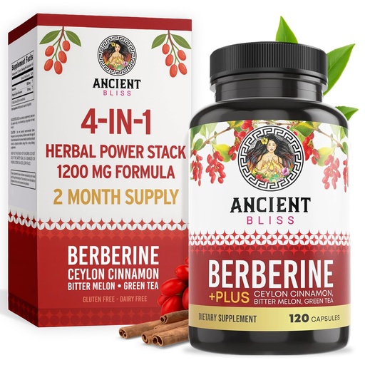 [BRSW2A37BZ7QGYDL] Ancient Bliss Berberine HCL 1200mg with Ceylon Cinnamon, Bitter Melon, and Green Tea Extract - 120 Capsules