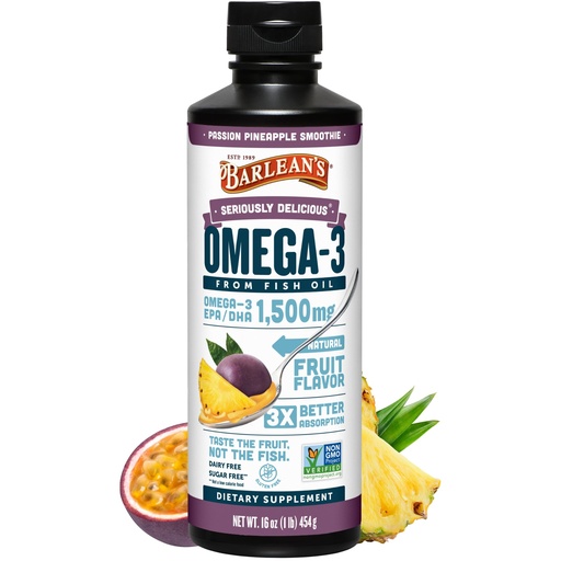 [BRSWIBA4C4AR6G3O] Barlean's Omega 3 Fish Oil Liquid Supplement for Men and Women, 1500mg of EPA and DHA Fatty Acid, Promotes Brain & Heart Health - Non-GMO, Passion Pineapple Smoothie, 16 oz