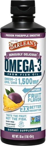 [BRSWIBA4C4AR6G3O] Barlean's Omega 3 supplément liquide d'huile de poisson pour les hommes et les femmes, ananas passion, 1500mg EPA et acide gras DHA, 16 oz