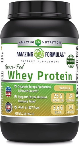 [BRSW2ZIPA4MWOAI4] Amazing Formulas Grass-Fed Whey Protein Powder Supplement | 2 Lbs | Vanilla Flavor | Non-GMO | Gluten-Free | Made in USA