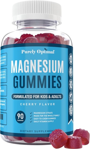 [BRSWYBIBPMNAEFDB] Puely Optimal Magnesium Citrate Gummies for Kids & Dewata - Delicious Cherry Flavor - Sleep, Calm & Digetical Dukungan, Relaxation, Muscle Health - Chewable Magnesium, Gluten- Free, Vegan - 90 Gummimi