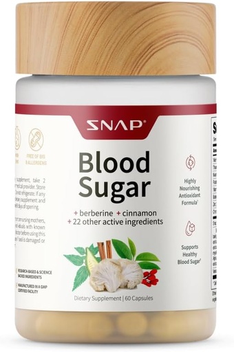 [BRSRMYYFPINQY235] Snap Supplements Blood Sugar Blend with Berberine, CoQ10, Cinnamon, Alpha Lipoic Acid and Gymnema to Support Healthy Blood Sugar, Metabolic Health and Energy, Sugar Free, 60 Capsules