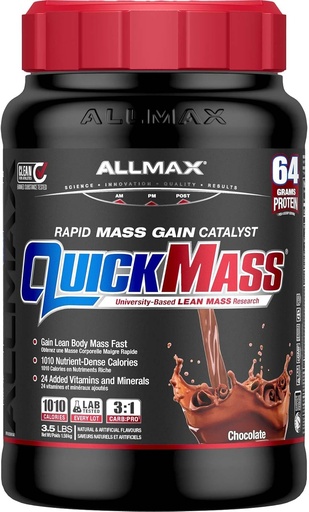 [BRSRMAIZOJ4BSCYV] ALLMAX QUICKMASS, Ciocolată - 3,5 lb - Catalizator de masă rapidă - până la 64 Grams de proteine per servire - 3:1 Carb la raportul de proteine - Zero Trans Fat - până la 24 Serviri