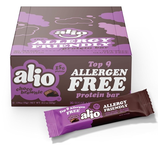 [BRSROBQCDF4B6ETX] Alio Protein Bars - Choco Brownie (12 Bars) – Free From The Top 9 Food Allergens, High Protein, Low-Calorie, Vegan, Gluten-Free, Nut-Free, Non-GMO, Plant-Based, Seed Oil Free, Delicious & Healthy Snack