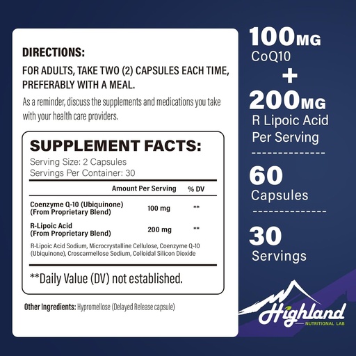 [BRSRA2QZOUPQICLH] CoQ10 100mg + R-Lipoic Acid 200mg per servering, 1 månads leverans, upp till 5X förbättrad absorption, R-Lipoic Acid / CoQ10 Supplement för hjärthälsa och kognitiv hälsa-60 kapslar