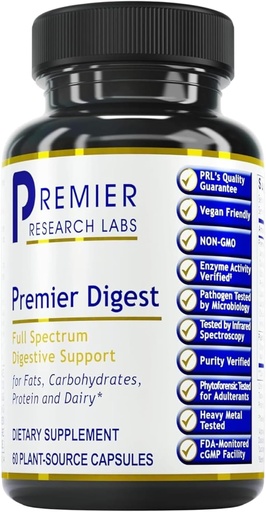 [BRSWIYL7B56RCELY] Premier Research Labs Active Digestive Enzymes with Probiotic and Prebiotics - Promotes Full-Spectrum Digestive Support - with Amylase, Protease & Lipase, 60 Plant-Sourced Capsules