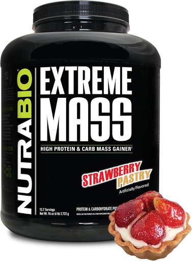 [BRSWGBQ7AV6GYG33] NutraBio Extreme Mass Gainer Protein Powder, 53G Protein, Clean Weight Gainer, Aumentare la massa muscolare, Aminoacido a spettro completo - Pasticceria di fragole, 6 Pound