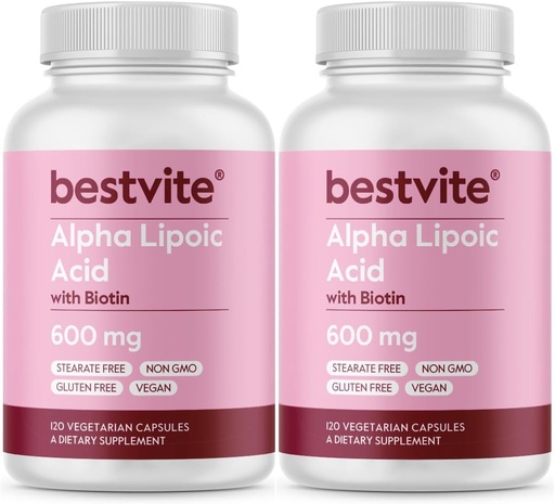 [BRSWGFTQCUNQEDQU] Ácido Lipoico alfa 600mg (por cápsula) con Biotina para Mejorar la Absorción (240 cápsulas vegetarianas) (2 x 120) No Fillers - No Stearates - Sin agentes de flujo